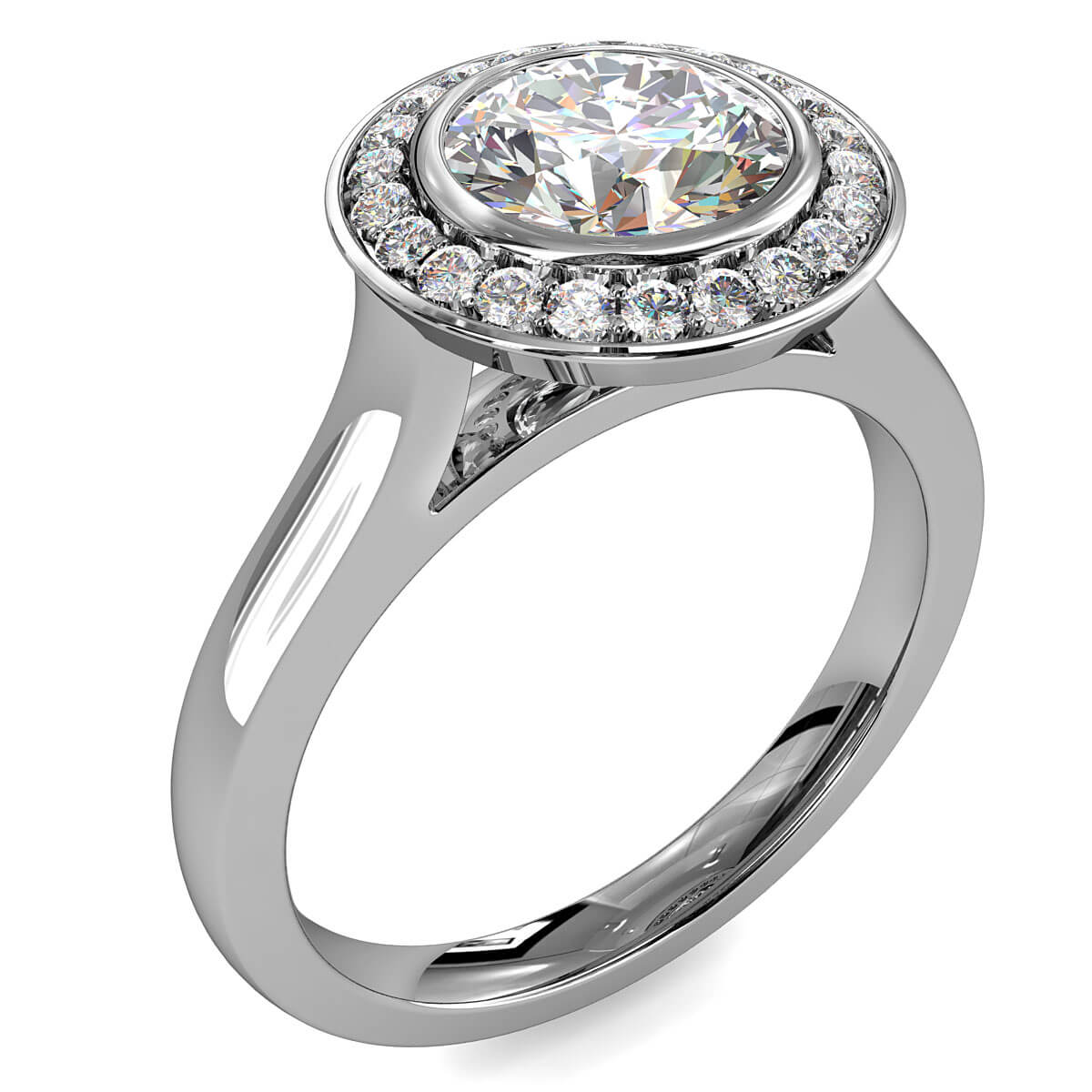 Round Brilliant Cut Halo Diamond Engagement Ring, Bezel Set Centre Stone in a Fine Bead Set Halo on Flat Band with an Open Undersetting.