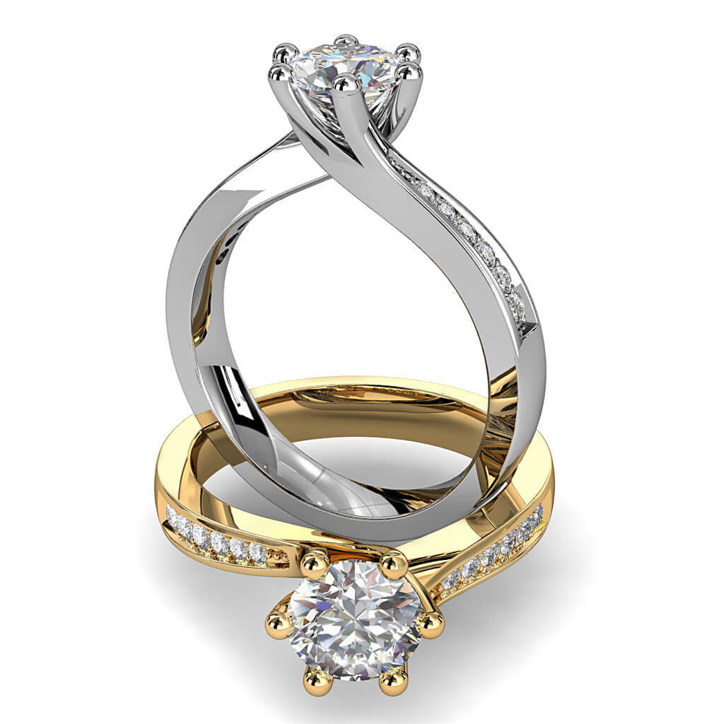 Round Brilliant Cut Solitaire Diamond Engagement Ring, 6 Claws Set on Sweeping Bead Set Band with Twisted Undersetting.