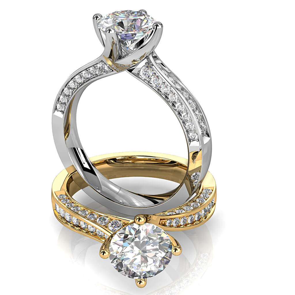 Round Brilliant Cut Solitaire Diamond Engagement Ring, 6 Button Claws Set on a Wide Channel Set Straight Band with Raised Crown Undersetting.