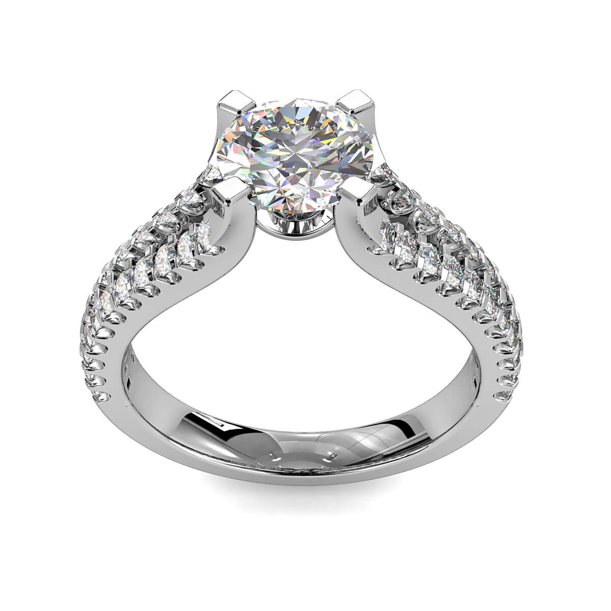 Round Brilliant Cut Diamond Solitaire Engagement Ring, 4 Square Claw Set on a Split Cut Claw Band.