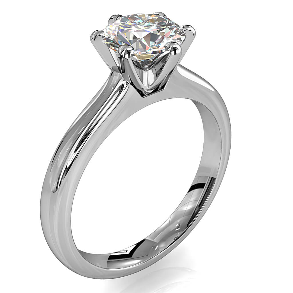 Round Brilliant Cut Solitaire Diamond Engagement Ring, 6 Button Claws Set on Half Round Straight Band with Classic Undersetting.