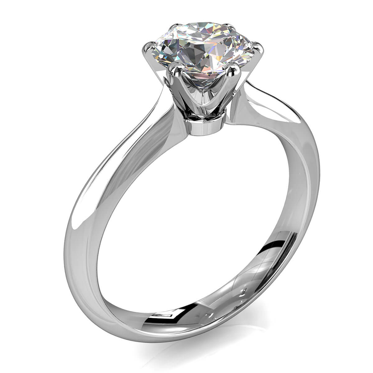 Round Brilliant Cut Solitaire Diamond Engagement Ring, 6 Button Claws Set on Tapered Knife Edge Rounded Band with Crown Undersetting.