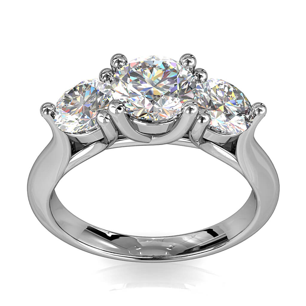 Round Brilliant Cut Diamond Trilogy Engagement Ring, Centre 4 Claw Set with 3 Claw Set Side Stones on a Wide Band with Undersweep Setting and Support Bar.