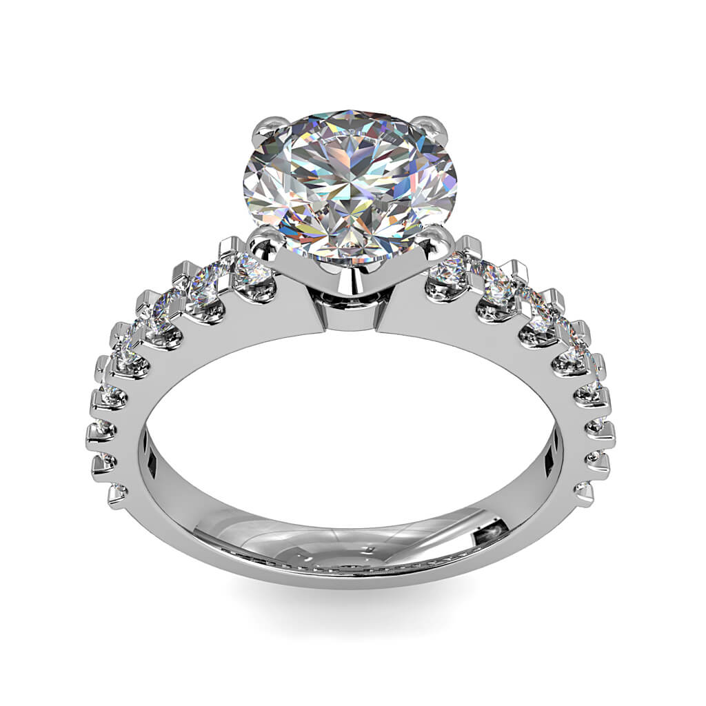 Round Brilliant Cut Solitaire Diamond Engagement Ring, 4 Button Claws Set on a Straight Cut Claw Band with Classic Undersetting.