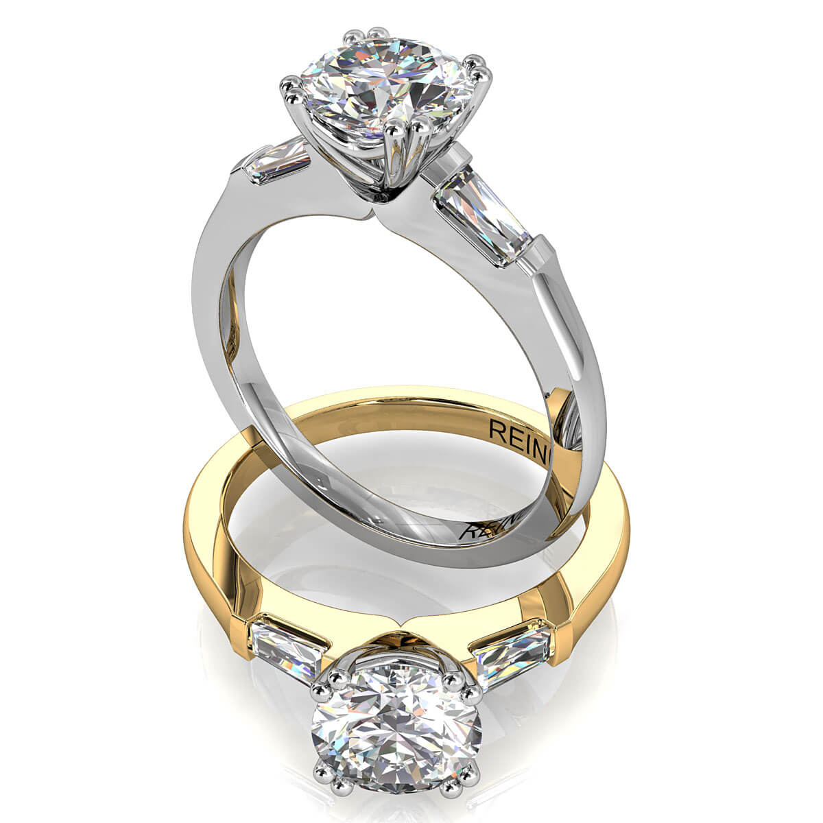Round Brilliant Cut Diamond Trilogy Engagement Ring, Stones 4 Double Claw Set with Tapered Baguette Side Stones with a Classic Undersetting.