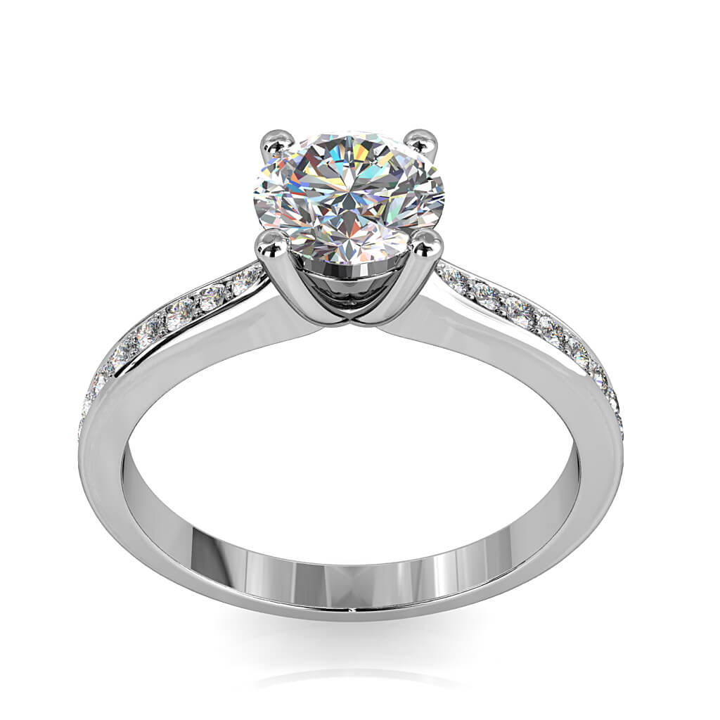 Round Brilliant Cut Solitaire Diamond Engagement Ring, 4 Button Claws Set on a Pinched Bead Set Band with Classic Support Bar Undersetting.