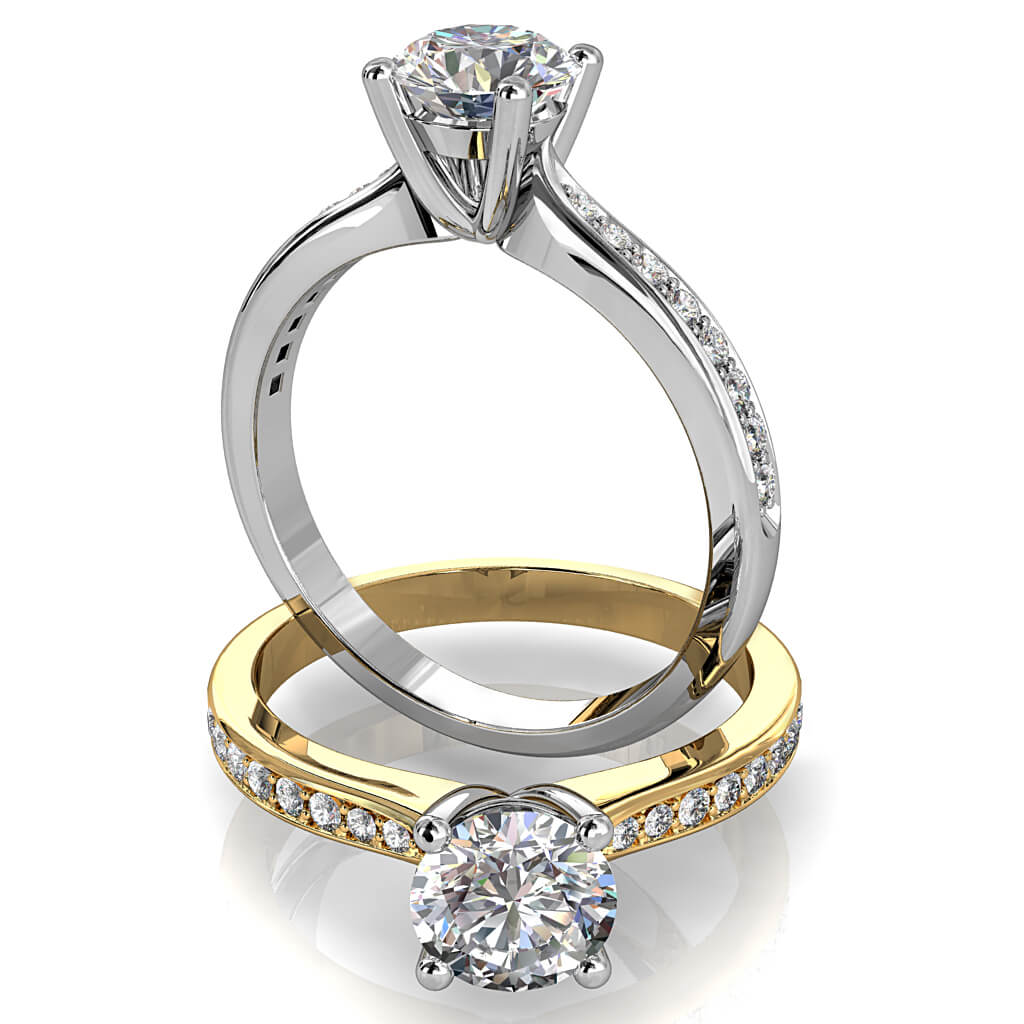 Round Brilliant Cut Solitaire Diamond Engagement Ring, 4 Button Claws Set on a Pinched Bead Set Band with Classic Support Bar Undersetting.
