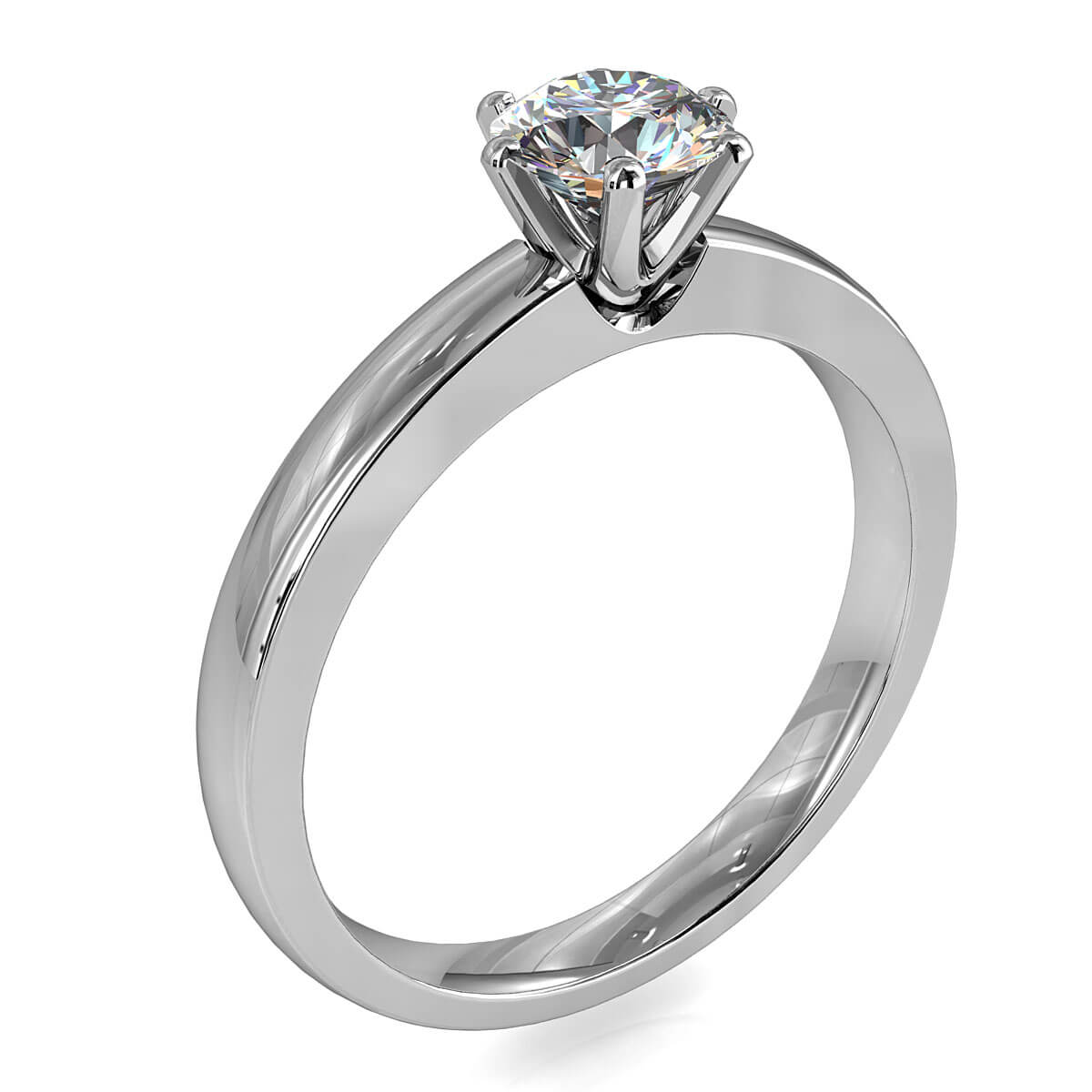 Round Brilliant Cut Solitaire Diamond Engagement Ring, 6 Offset Claws Set on Wide Straight Flat Band.