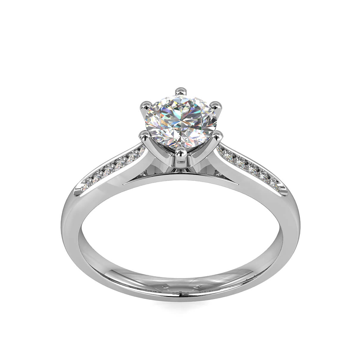 Round Brilliant Cut Solitaire Diamond Engagement Ring, 6 Button Claws Set on a Tapered Bead Set Band with Classic Undersetting.