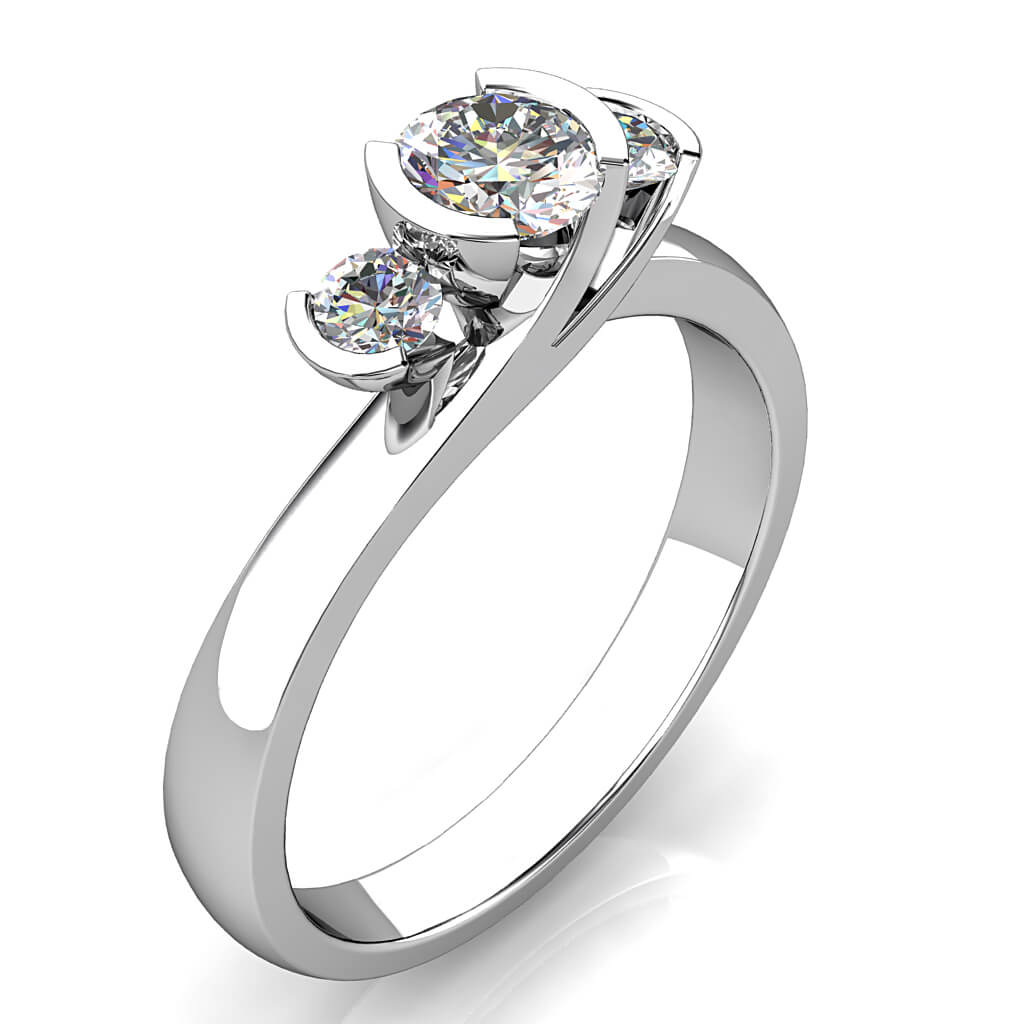 Round Brilliant Cut Diamond Trilogy Engagement Ring, Semi Bezel Tension Set Stones and a Sweeping Offset Undersetting.