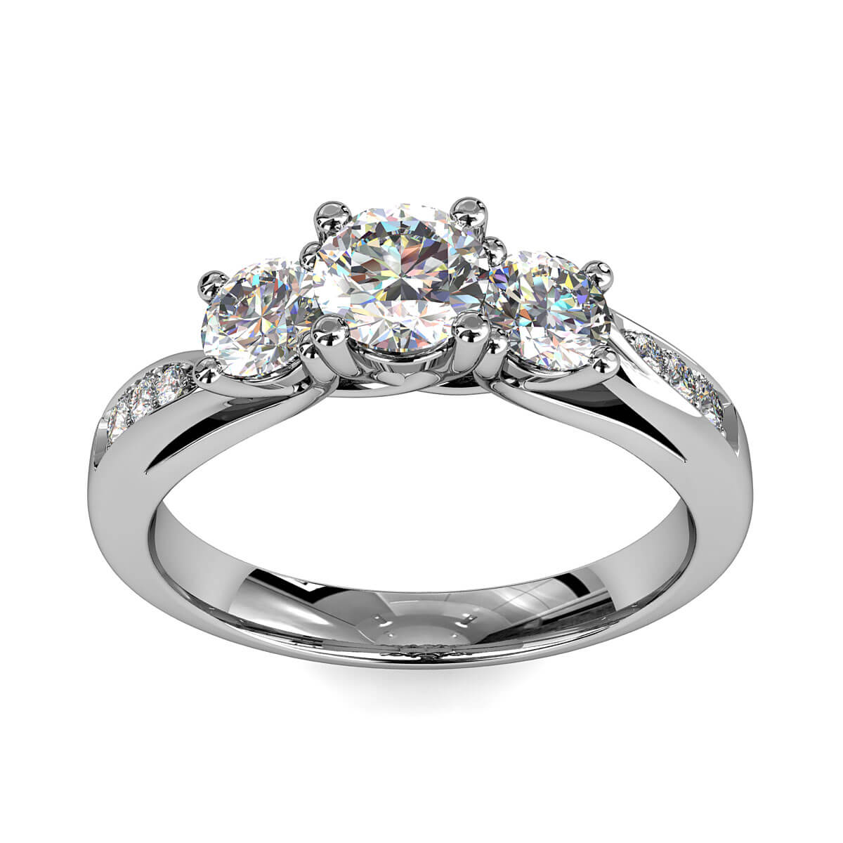 Round Brilliant Cut Diamond Trilogy Engagement Ring, Stones 4 Claw Set on a Curved Bead Set Band with Undersweep Setting.