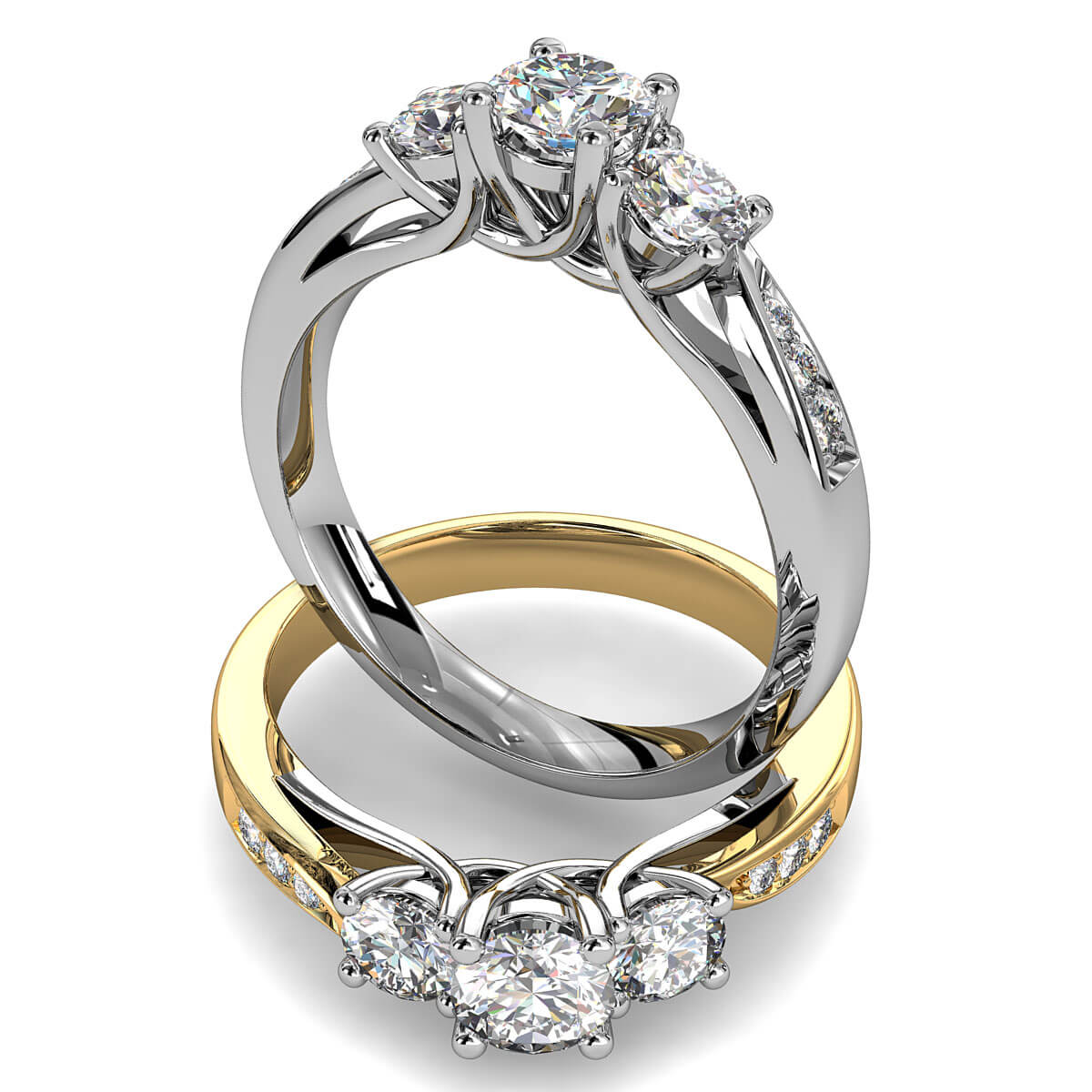 Round Brilliant Cut Diamond Trilogy Engagement Ring, Stones 4 Claw Set on a Curved Bead Set Band with Undersweep Setting.
