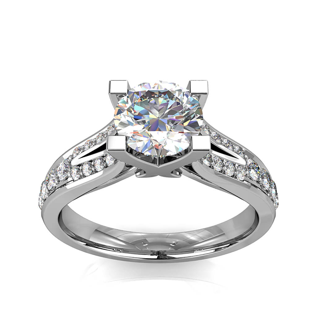 Round Brilliant Cut Diamond Solitaire Engagement Ring, 4 Claw Set on a Split Bead Set Band.