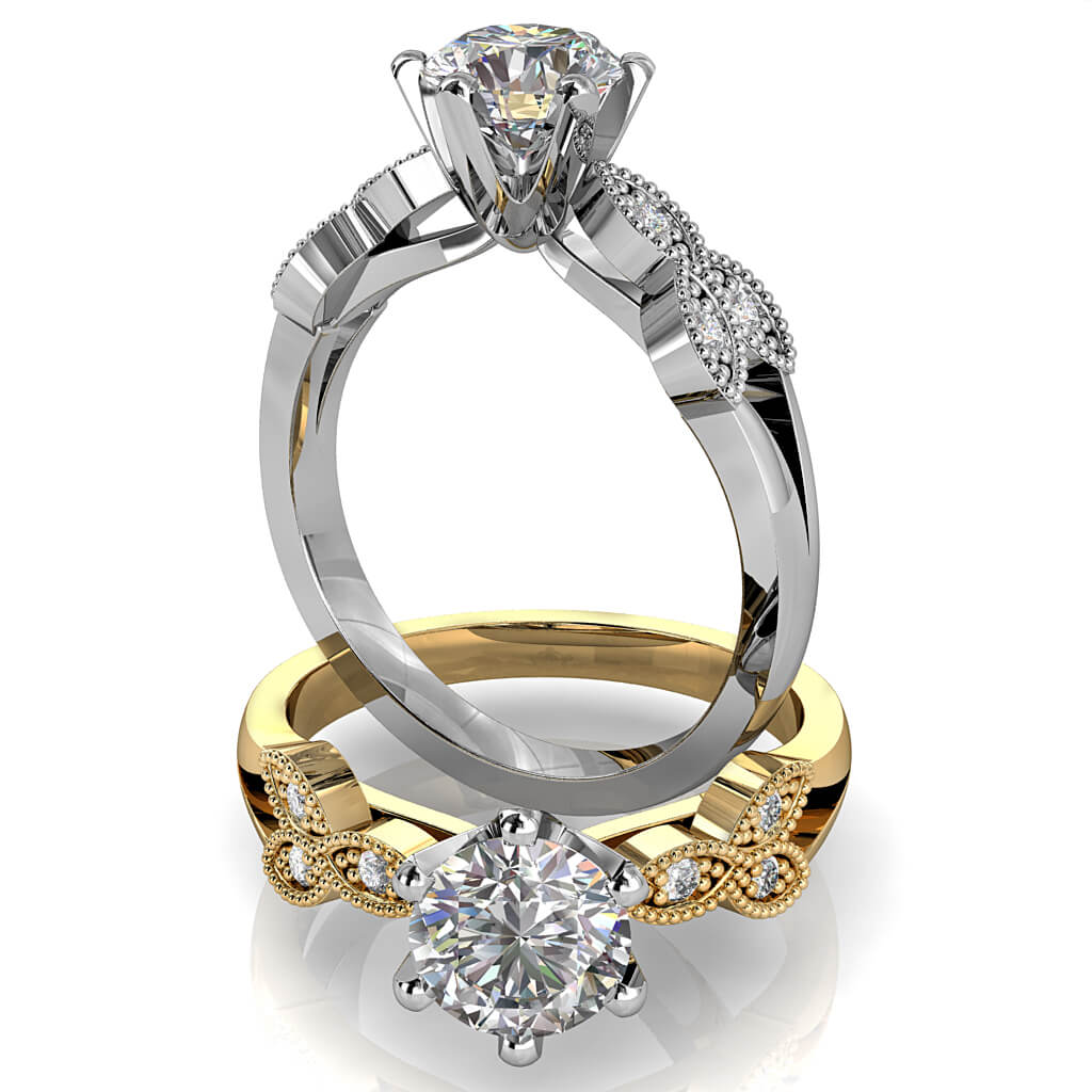 Round Brilliant Cut Solitaire Diamond Engagement Ring, 6 Square Claws Set with Tri-Leaf Diamond Set Milgrain Side Detail on a Split Band with Fluted Undersetting.