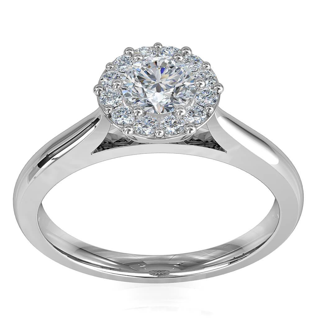Round Brilliant Cut Diamond Halo Engagement Ring, 8 Claws Set in an Illusion Halo on a Tapered Half Round Plain Band with Wire Basket Undersetting.