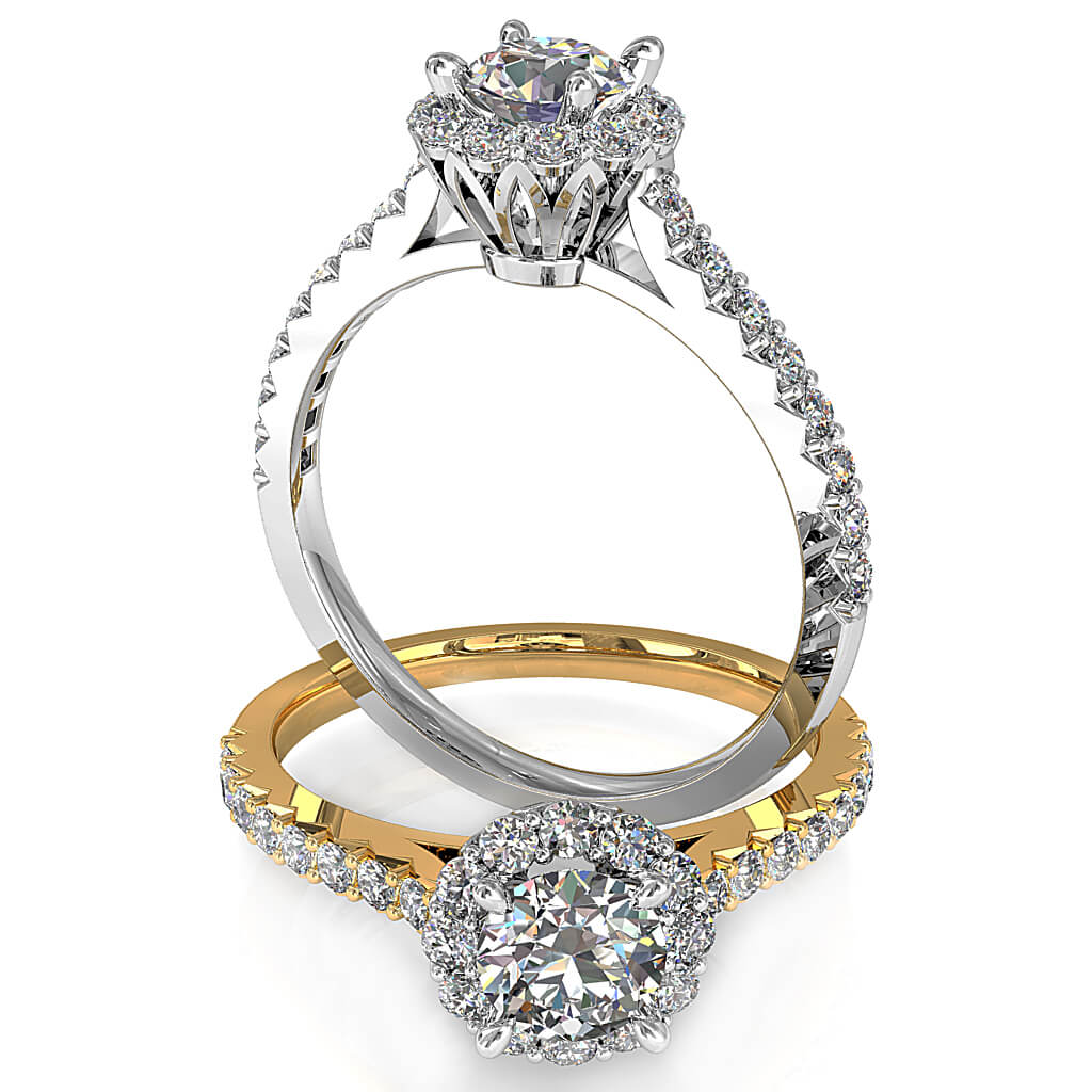 Round Brilliant Cut Halo Diamond Engagement Ring, 4 Claws Set in a Fine Cut Claw Halo on Fine Cut Claw Band with Loop Basket Undersetting.