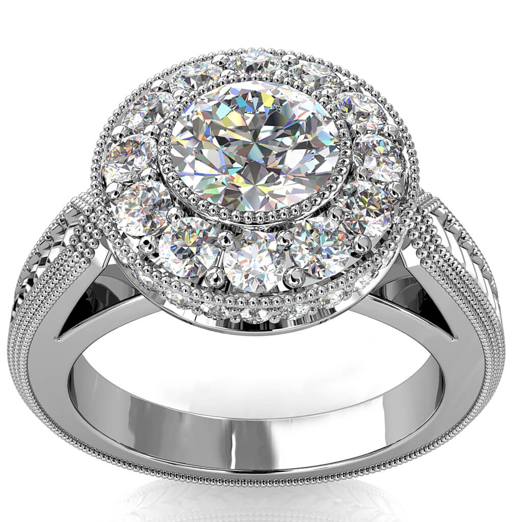 Round Brilliant Cut Halo Diamond Engagement Ring, Milgrain Bezel Set in a Large Milgrain Bead set Halo on a Vintage Arrow Textured Band with Open Leaf Undersetting.