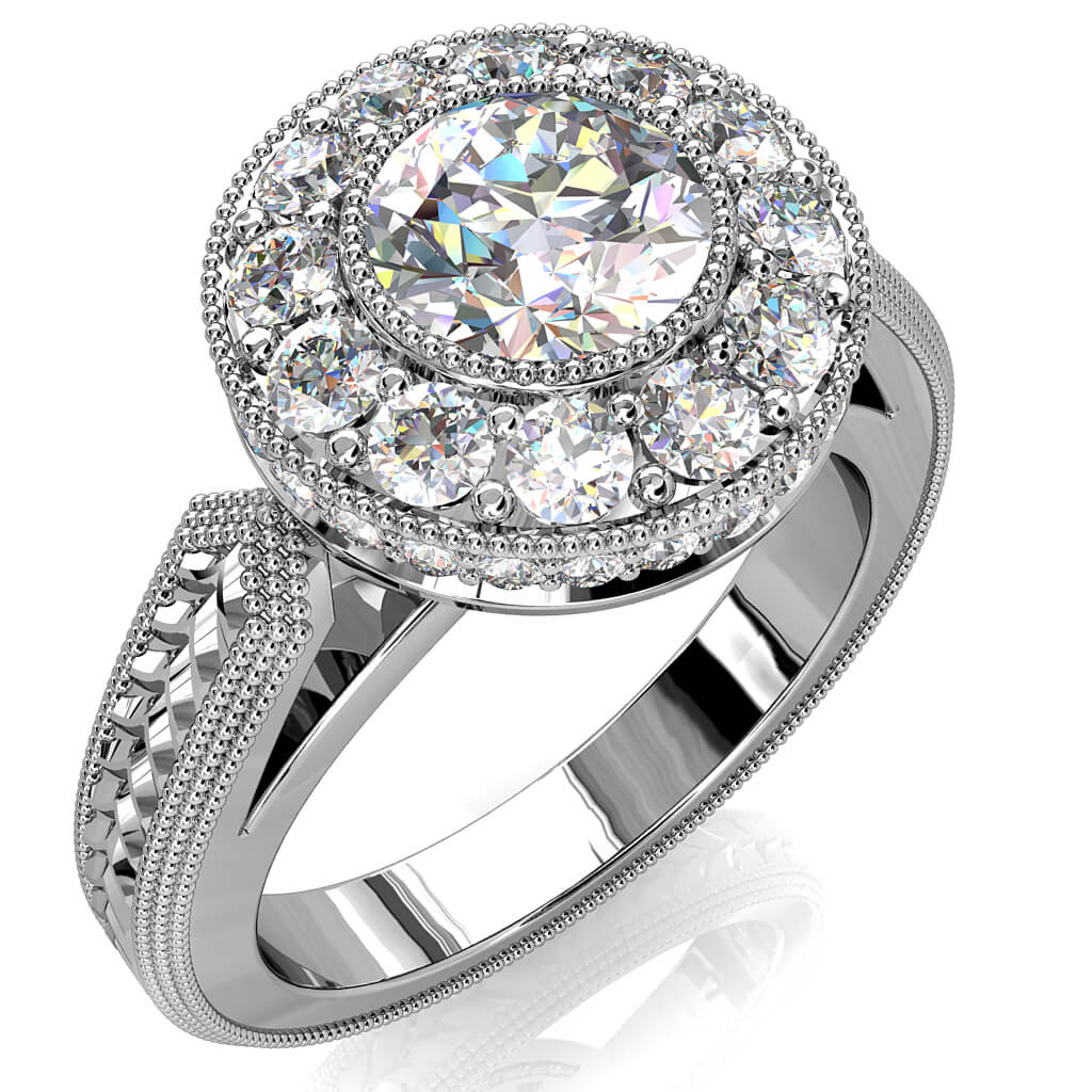 Round Brilliant Cut Halo Diamond Engagement Ring, Milgrain Bezel Set in a Large Milgrain Bead set Halo on a Vintage Arrow Textured Band with Open Leaf Undersetting.