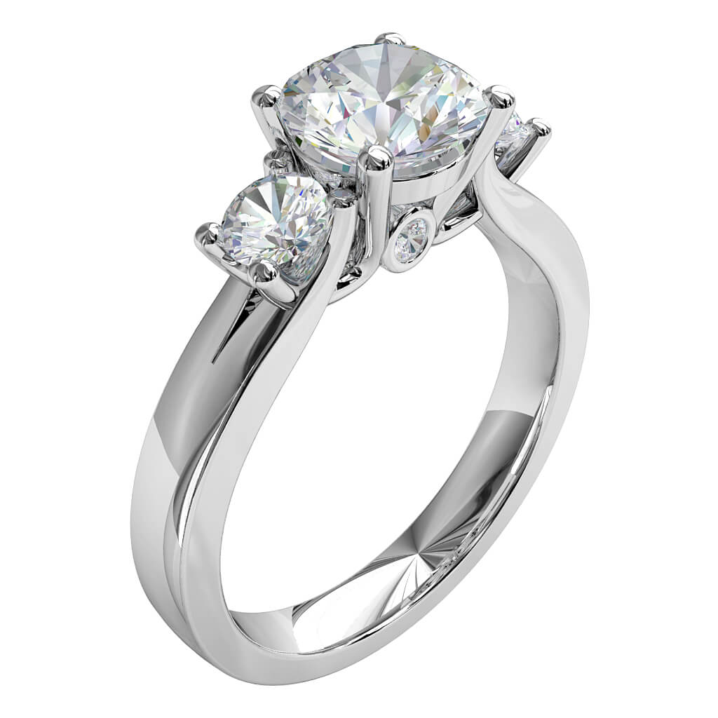 Round Brilliant Cut Diamond Trilogy Engagement Ring, Stones 4 Claw Set on a Split Band with Hidden Diamond Undersetting.