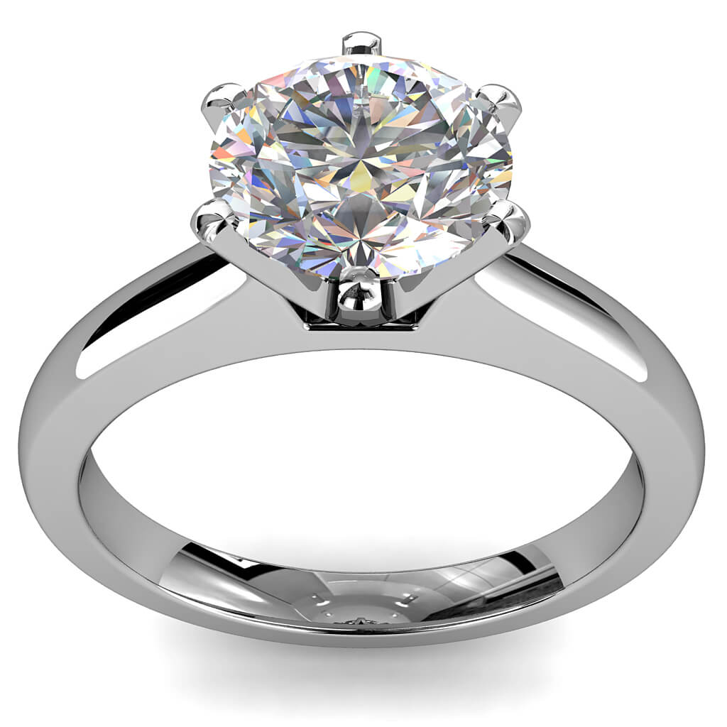 Round Brilliant Cut Solitaire Diamond Engagement Ring, 6 Button Claws Set on Wide Straight Band with Classic Undersetting.