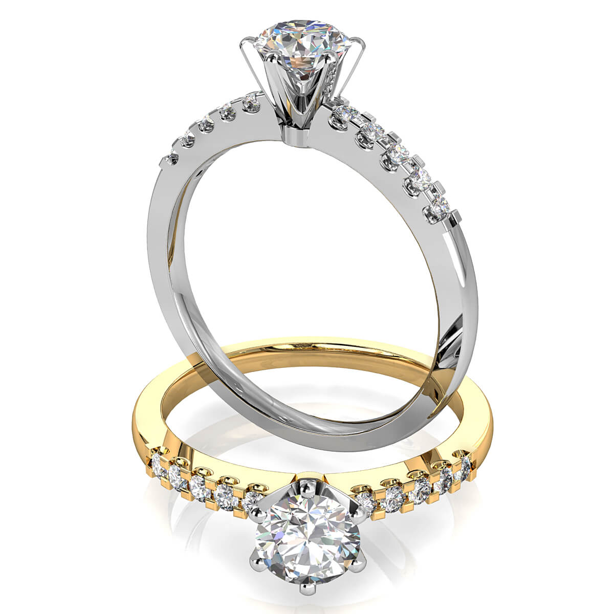 Round Brilliant Cut Solitaire Diamond Engagement Ring, 6 Button Claws Set on a Cut Claw Straight Band with Classic Undersetting.