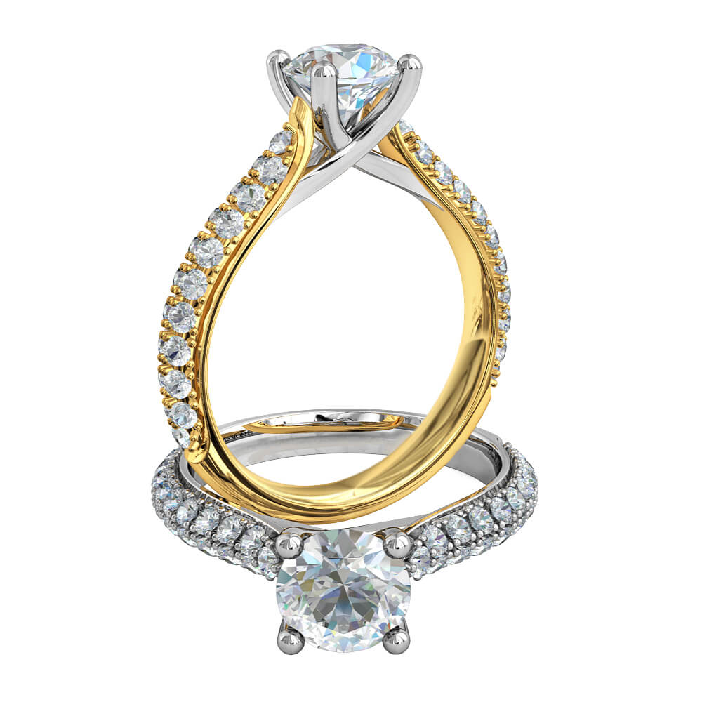 Round Brilliant Cut Solitaire Diamond Engagement Ring, 4 Claws Set on Double Row Pavé Band with Undersweep Setting.