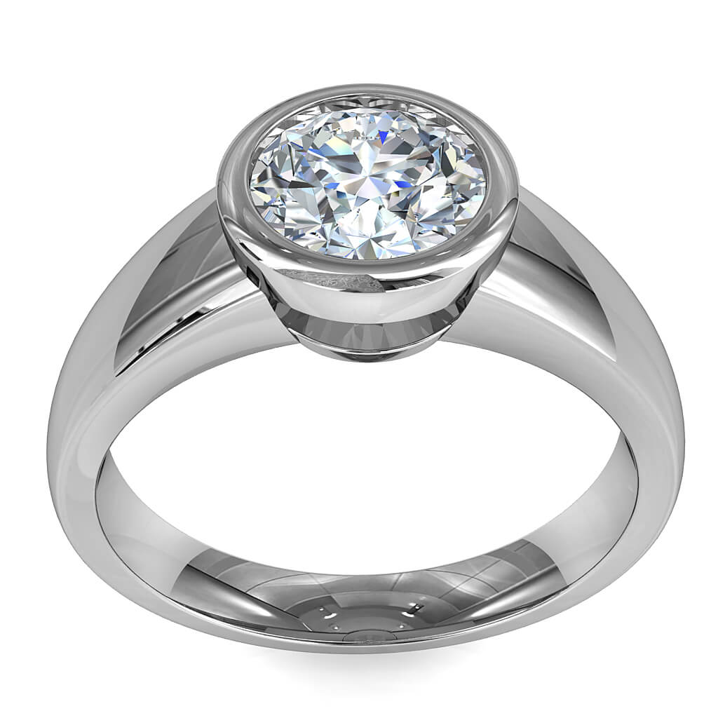 Round Brilliant Cut Solitaire Diamond Engagement Ring, Bezel Set on Wide Flat Reverse Tapered Band with Classic Undersetting.