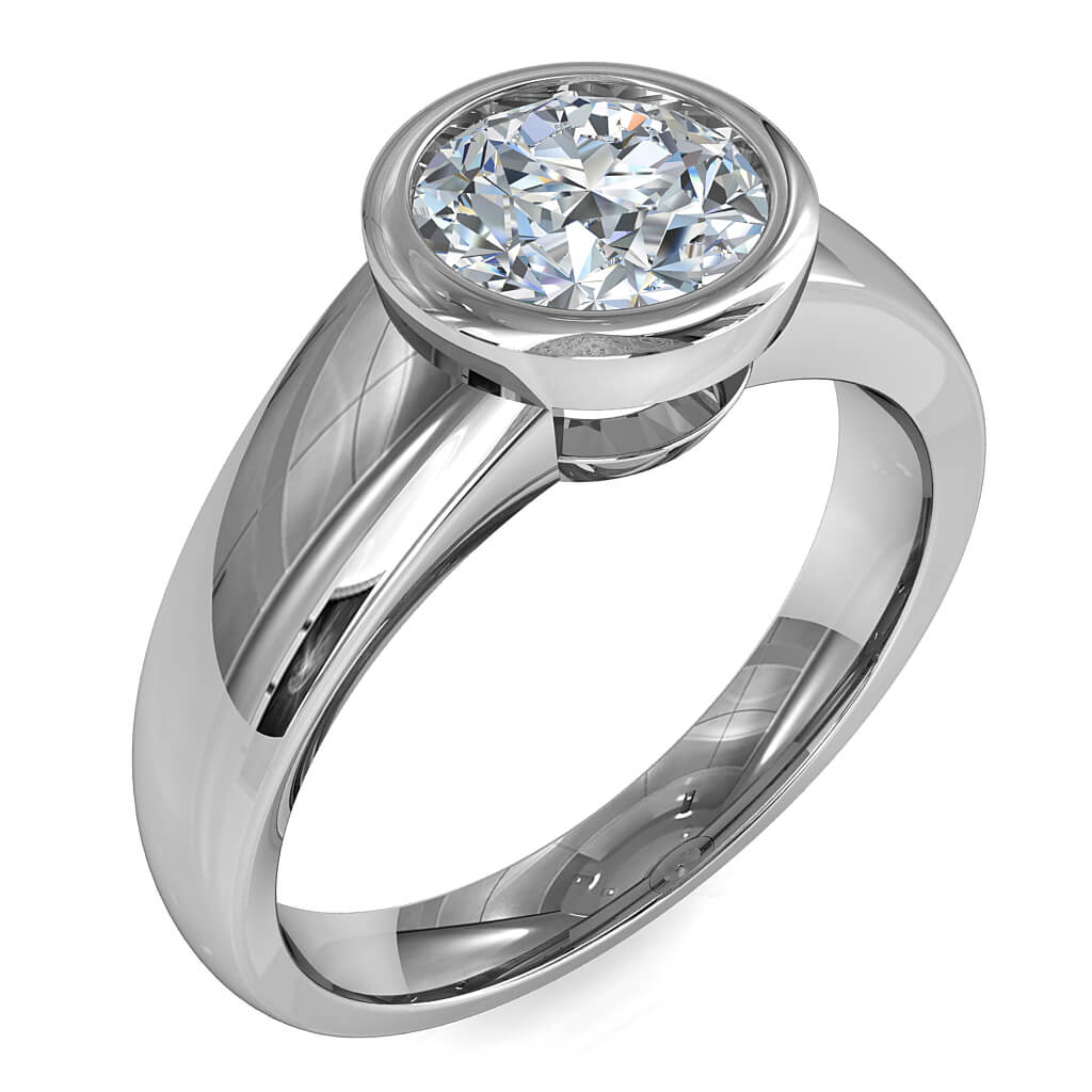 Round Brilliant Cut Solitaire Diamond Engagement Ring, Bezel Set on Wide Flat Reverse Tapered Band with Classic Undersetting.
