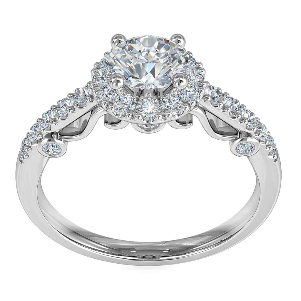 Round Brilliant Cut Halo Diamond Engagement Ring, 4 Claws Set in a Cut Claw Halo on a Cut Claw Band with 3 Hidden Diamonds and Scroll Undersetting.