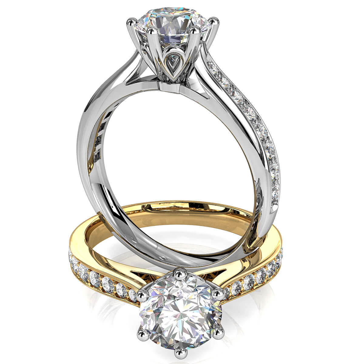 Round Brilliant Cut Solitaire Diamond Engagement Ring, 6 Fine Claws Set on Rounded Bead Set Band with Classic Loop Undersetting.