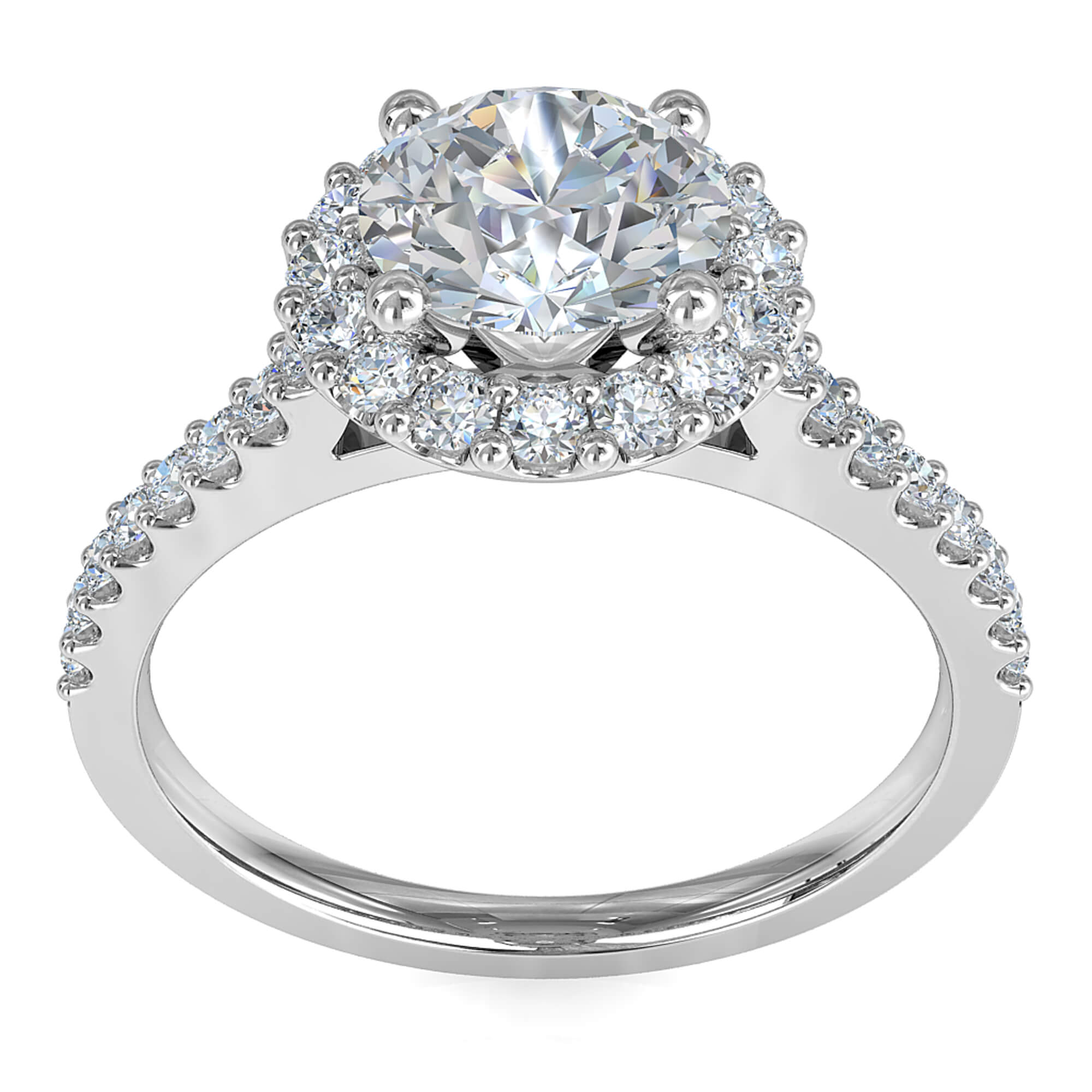 Round Brilliant Cut Halo Diamond Engagement Ring, 4 Button Claws set in a Square Cut Claw Halo on a Thin Cut Claw Band with Support Bar Undersetting.