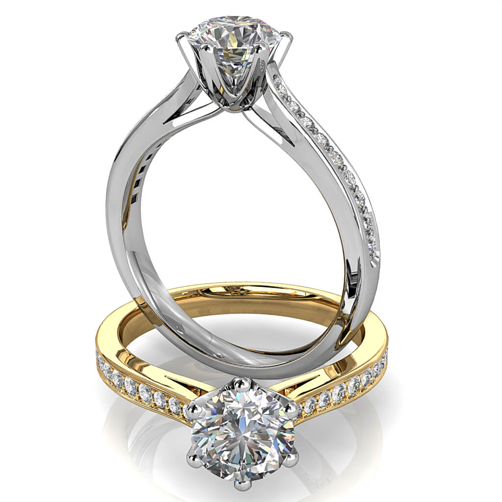 Round Brilliant Cut Solitaire Diamond Engagement Ring, 6 Square Claws Set on a Milgrained Bead Set Band with Fluted Undersetting.