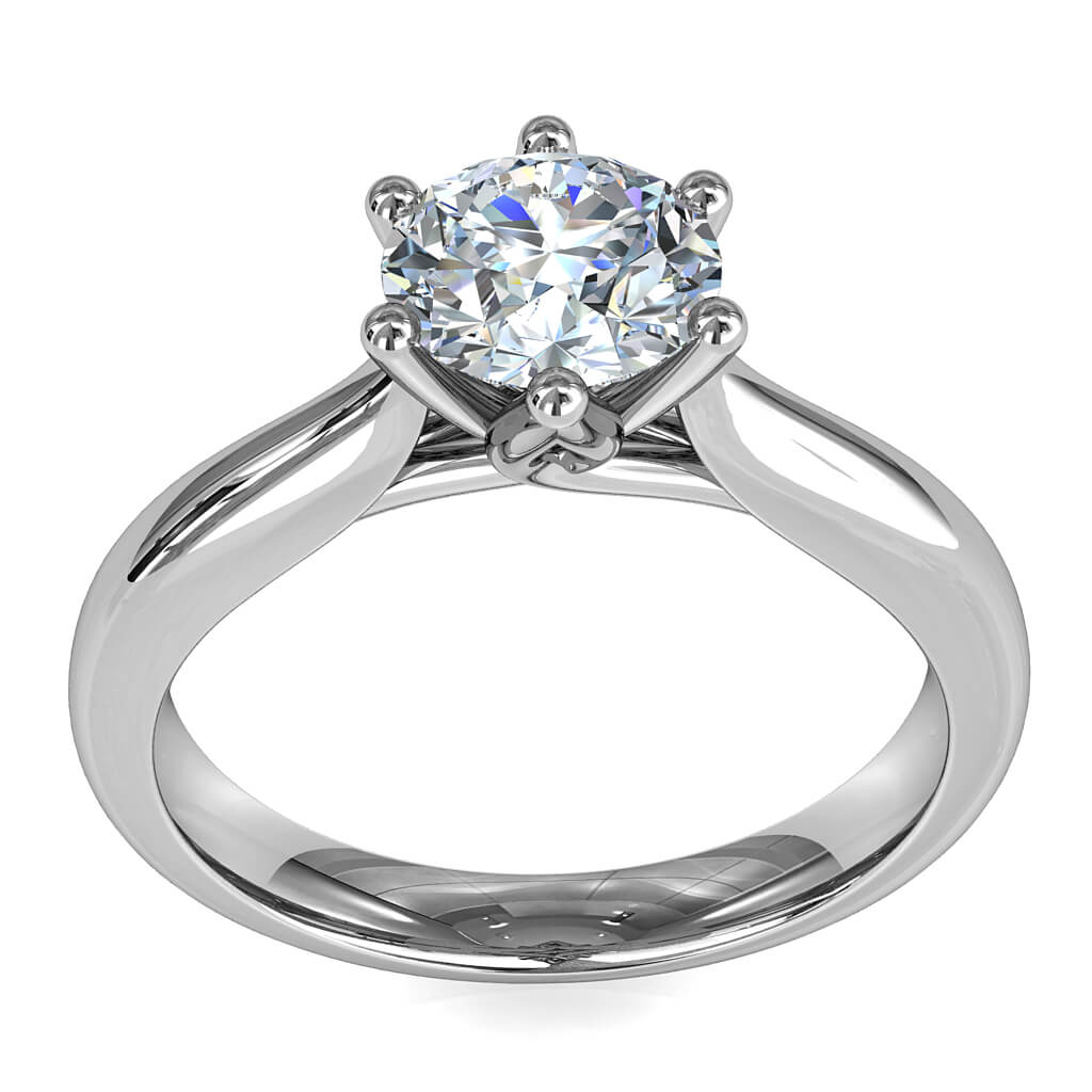 Round Brilliant Cut Solitaire Diamond Engagement Ring, 6 Button Claws Set on Half Round Gradual Tapered Band with Fluted Undersetting.