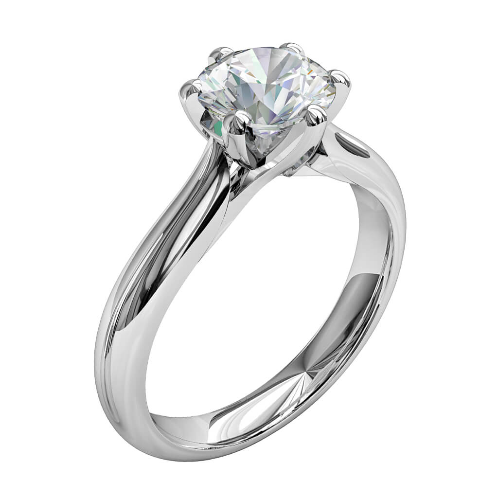 Round Brilliant Cut Solitaire Diamond Engagement Ring, 6 Heavy Square Claws Set on Wide Round Tapered Band with Lotus Sweeping Undersetting.