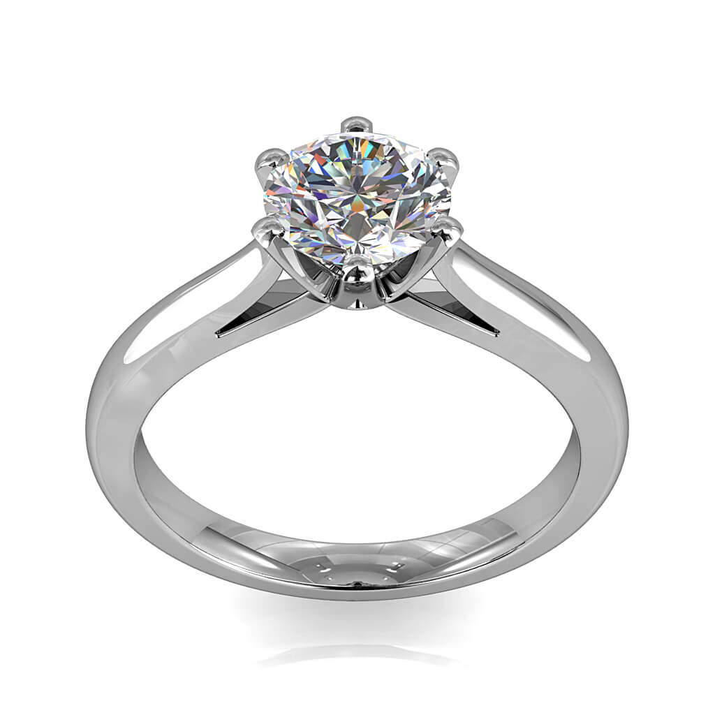 Round Brilliant Cut Solitaire Diamond Engagement Ring, 6 Square Claws Set on Flat Gradually Tapered Band with Lotus Fluted Undersetting.