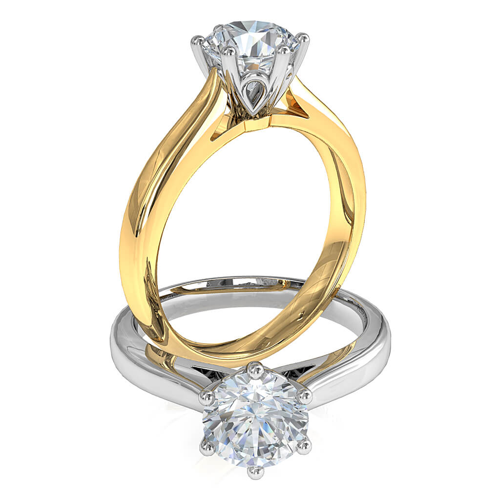 Round Brilliant Cut Solitaire Diamond Engagement Ring, 6 Button Claws Set on Half Rounded Gradually Tapered Band with Classic Undersetting and Side Loop Detail.