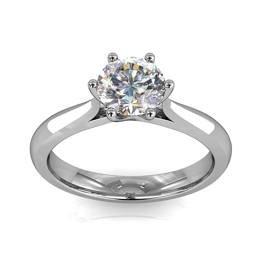 Round Brilliant Cut Solitaire Diamond Engagement Ring, 6 Offset Button Claws Set on Half Rounded Tapered Band with Undersweep Setting.
