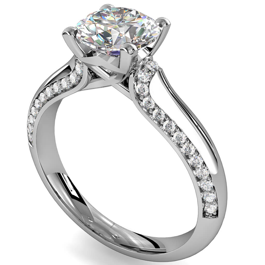 Round Brilliant Cut Solitaire Diamond Engagement Ring, 4 Button Claws Set on a Rolled Semi Bead Set Band with a Crossover Undersetting and Triangle Support Bar.