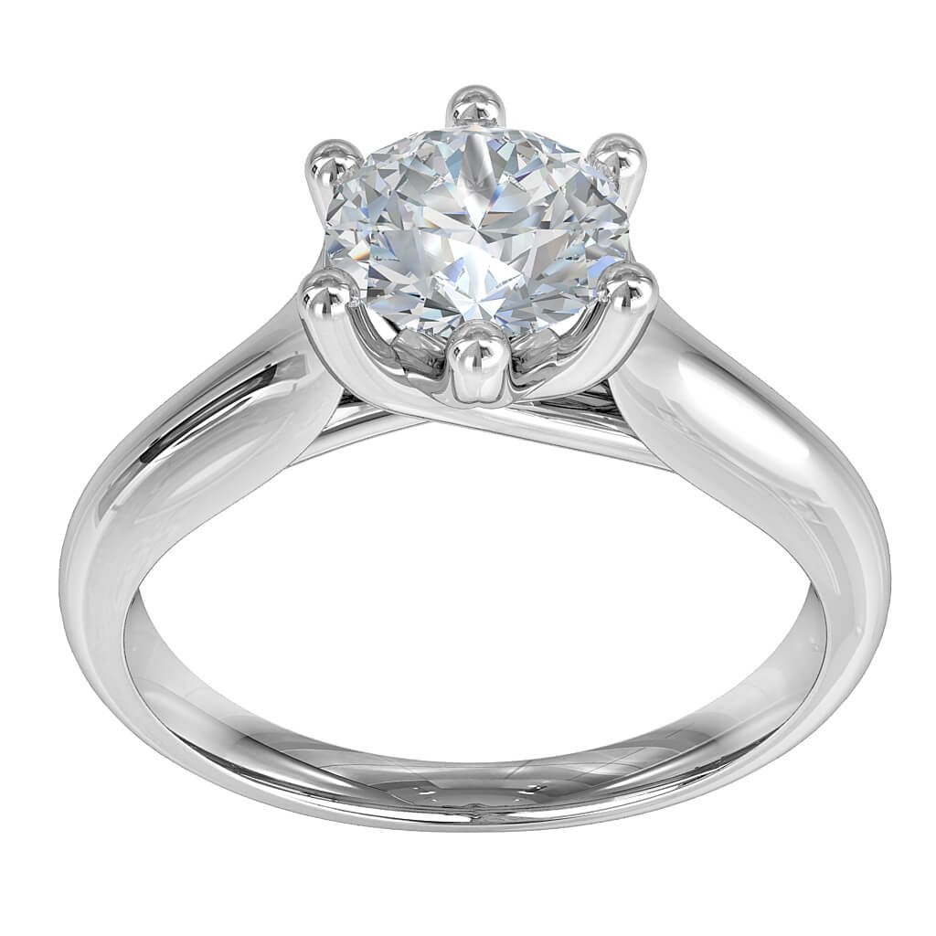 Round Brilliant Cut Solitaire Diamond Engagement Ring, 6 Fine Button Claws on Reverse Taper Domed Band with Open Sweeping Undersetting.