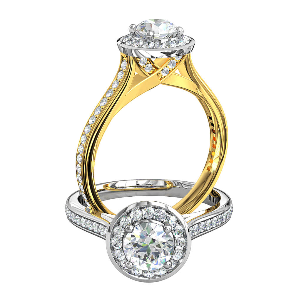 Round Brilliant Cut Halo Diamond Engagement Ring, 4 Claws Set in a Bead Set Halo on a Thin Bead Set Band with a Diamond set Crossover Undersetting.