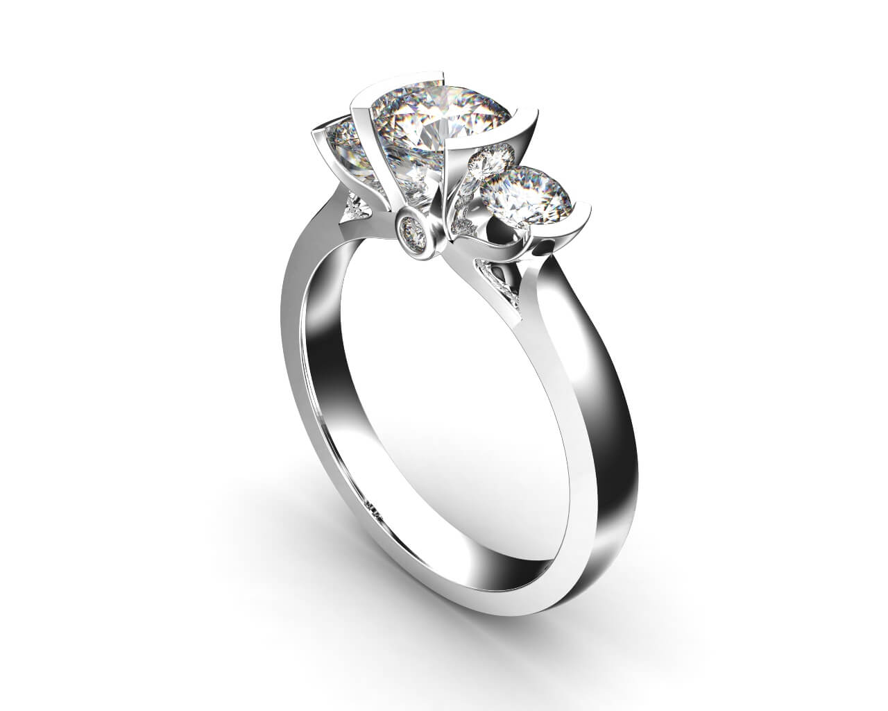 Round Brilliant Cut Diamond Trilogy Engagement Ring, Semi Bezel Tension Set Stones with a Hidden Diamond Undersetting.