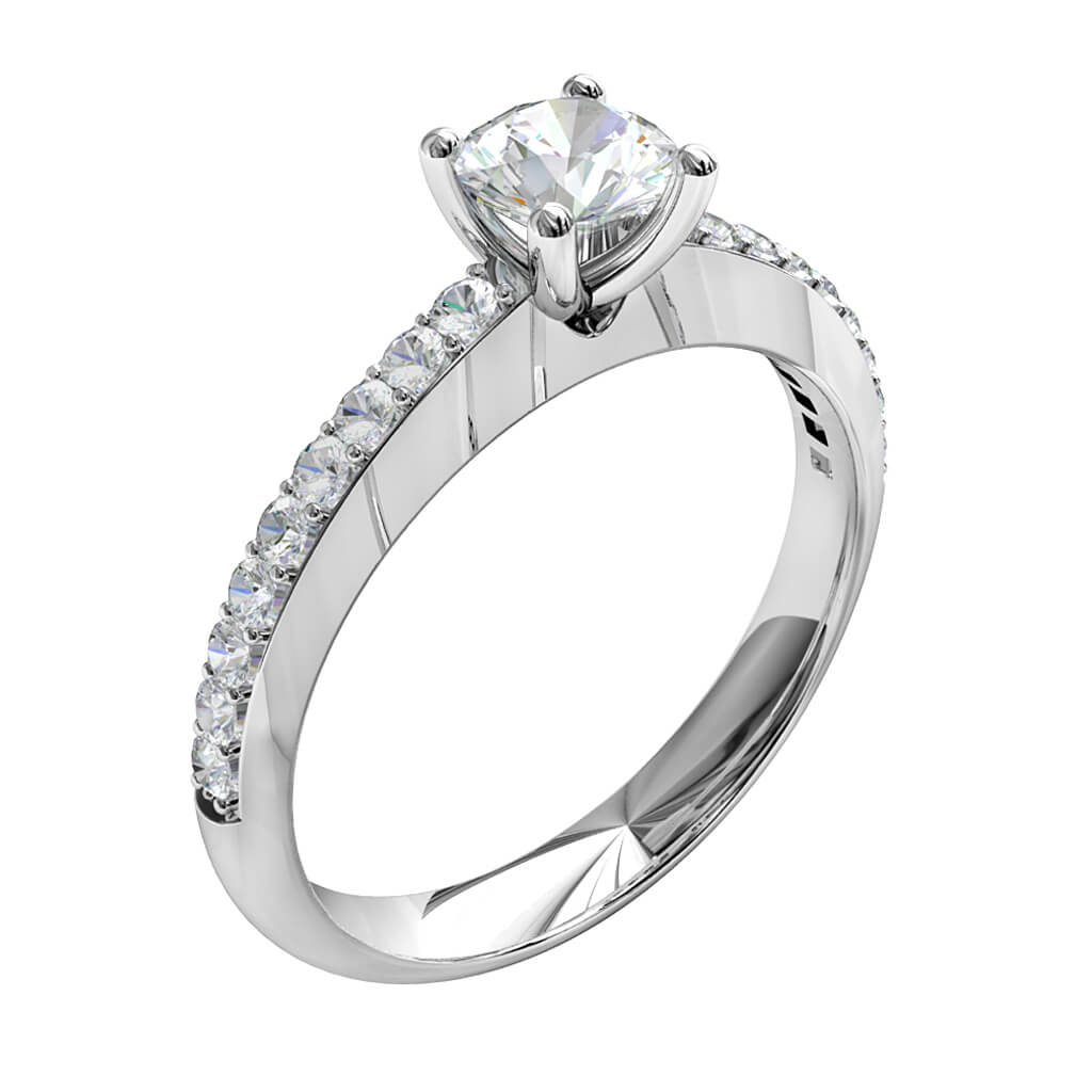 Round Brilliant Cut Solitaire Diamond Engagement Ring, 4 Button Claws Set on Raised Grain Set Band with Classic Undersetting.