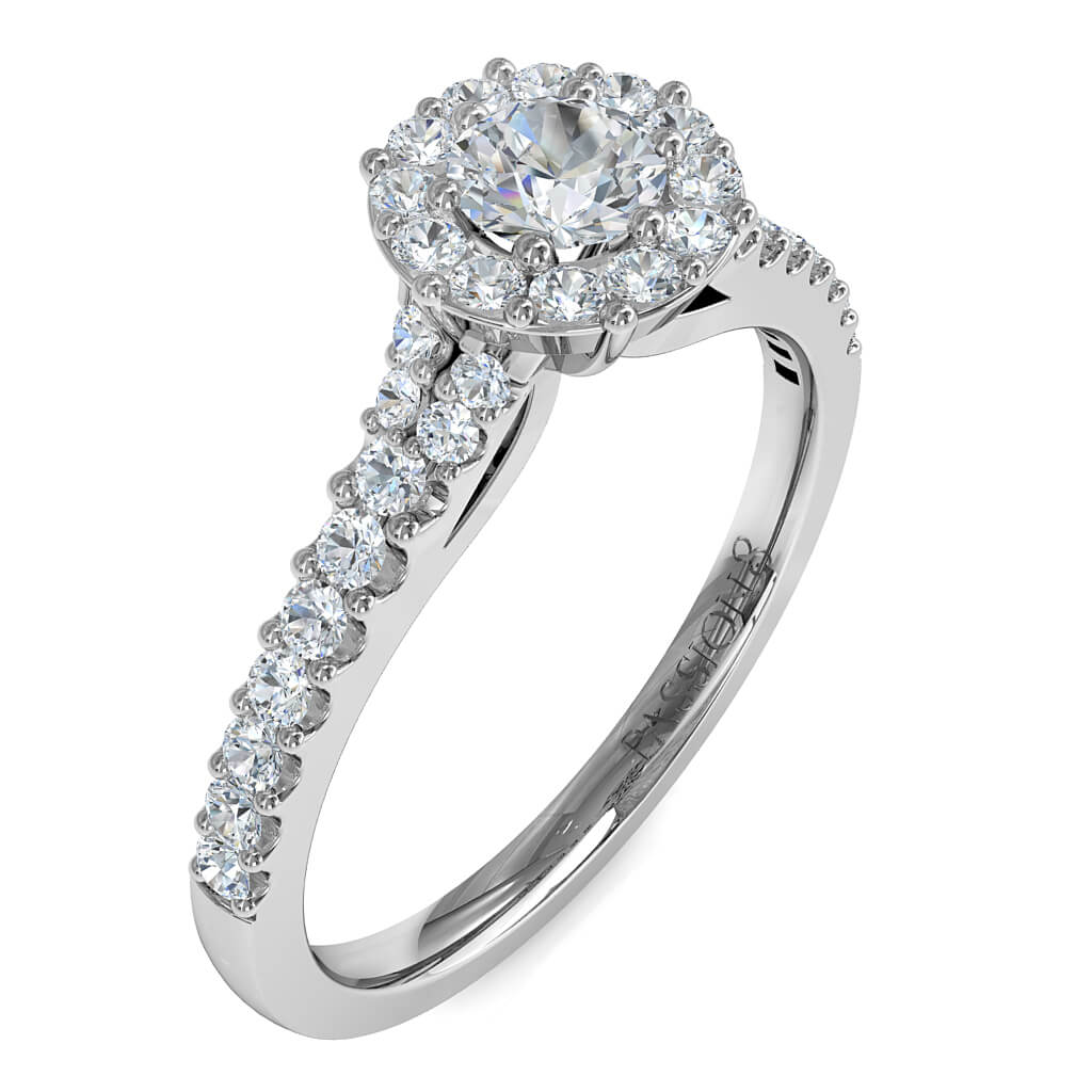 Round Brilliant Cut Diamond Halo Engagement Ring, 4 Button Claws Set in a Cut Claw Halo on a Cut Claw Double Row Split Band with a Crossover Undersetting.