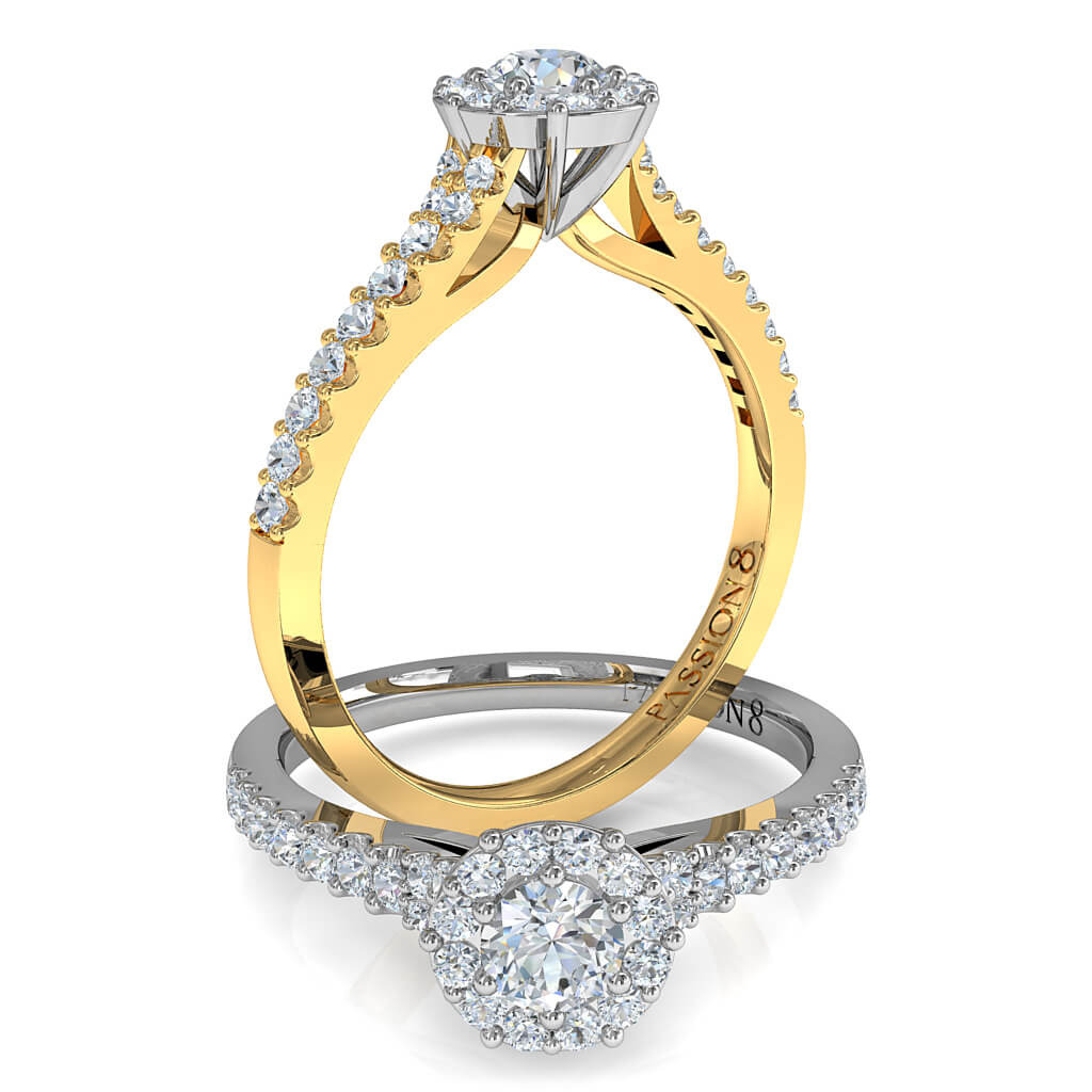 Round Brilliant Cut Diamond Halo Engagement Ring, 4 Button Claws Set in a Cut Claw Halo on a Cut Claw Double Row Split Band with a Crossover Undersetting.