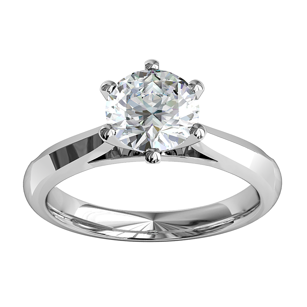 Round Brilliant Cut Solitaire Diamond Engagement Ring, 6 Fine Sqaure Claws Set on Flat Tapering Knife Edge Band with Classic Underrail Setting.