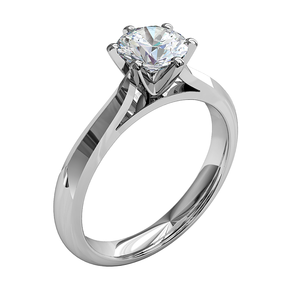 Round Brilliant Cut Solitaire Diamond Engagement Ring, 6 Fine Sqaure Claws Set on Flat Tapering Knife Edge Band with Classic Underrail Setting.