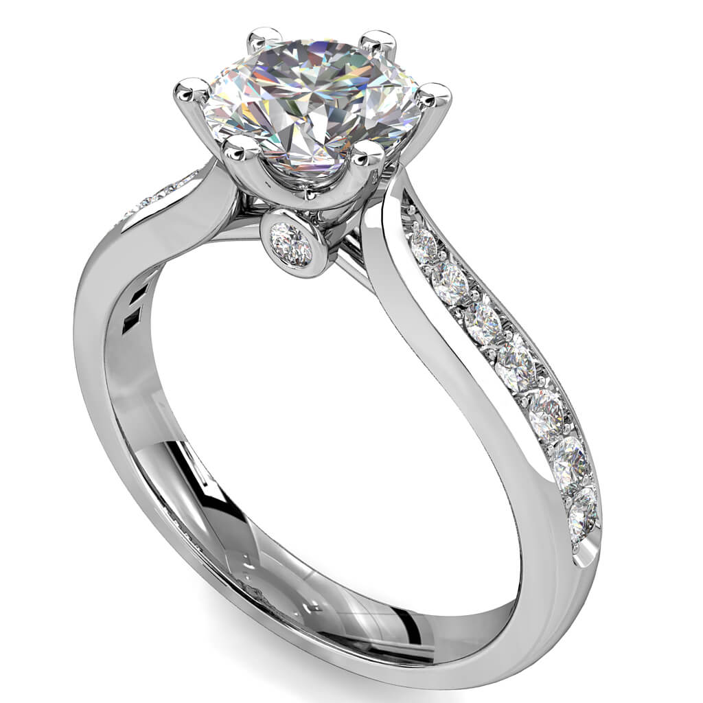 Round Brilliant Cut Solitaire Diamond Engagement Ring, 6 Claws Set on Wide Pinched Bead Set Band with Undersweep and Hidden Diamond Setting.