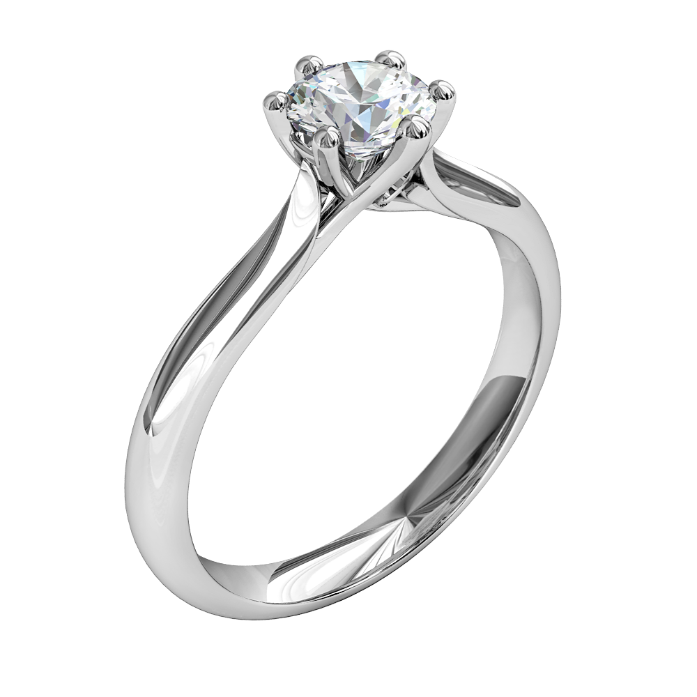 Round Brilliant Cut Solitaire Diamond Engagement Ring, 6 Heavy Sqaure Claw Set on Tapered Knife Edge Band with Lotus Undersweep Setting.