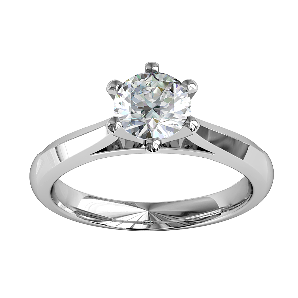 Round Brilliant Cut Solitaire Diamond Engagement Ring, 6 Sqaure Claws on a Tapered Knife Edge and Rounded Band with Classic Underrail Setting.