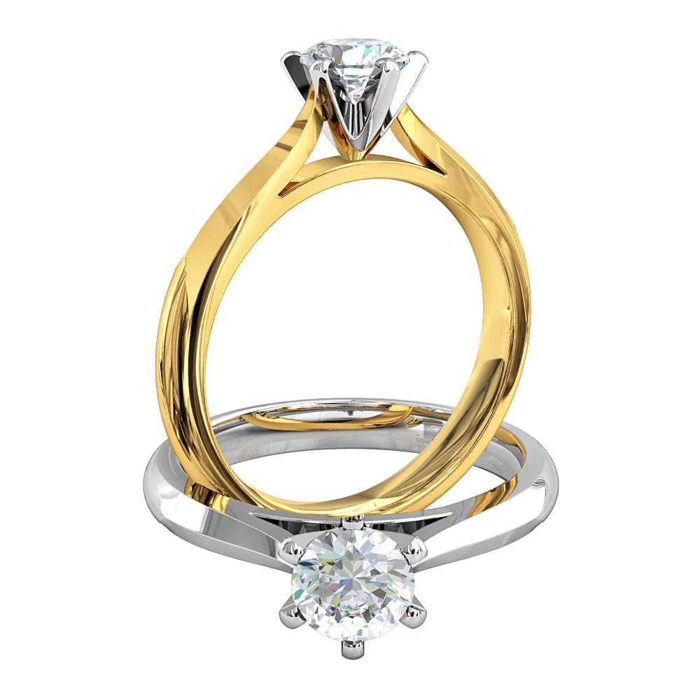 Round Brilliant Cut Solitaire Diamond Engagement Ring, 6 Sqaure Claws on a Tapered Knife Edge and Rounded Band with Classic Underrail Setting.